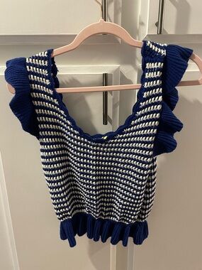 Flying Tomato Blue and White Knit Ruffle Tank Top